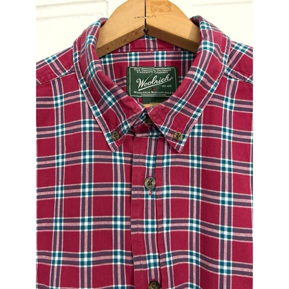 VINTAGE Woolrich Mens L Button Front Short Sleeve Shirt 100% Cotton Plaid - Picture 1 of 5